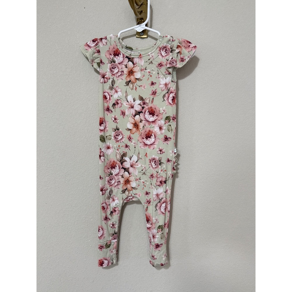 Posh Peanut Ruffled Romper Baby Girl 9-12M Sage Green Floral Bamboo Flutter